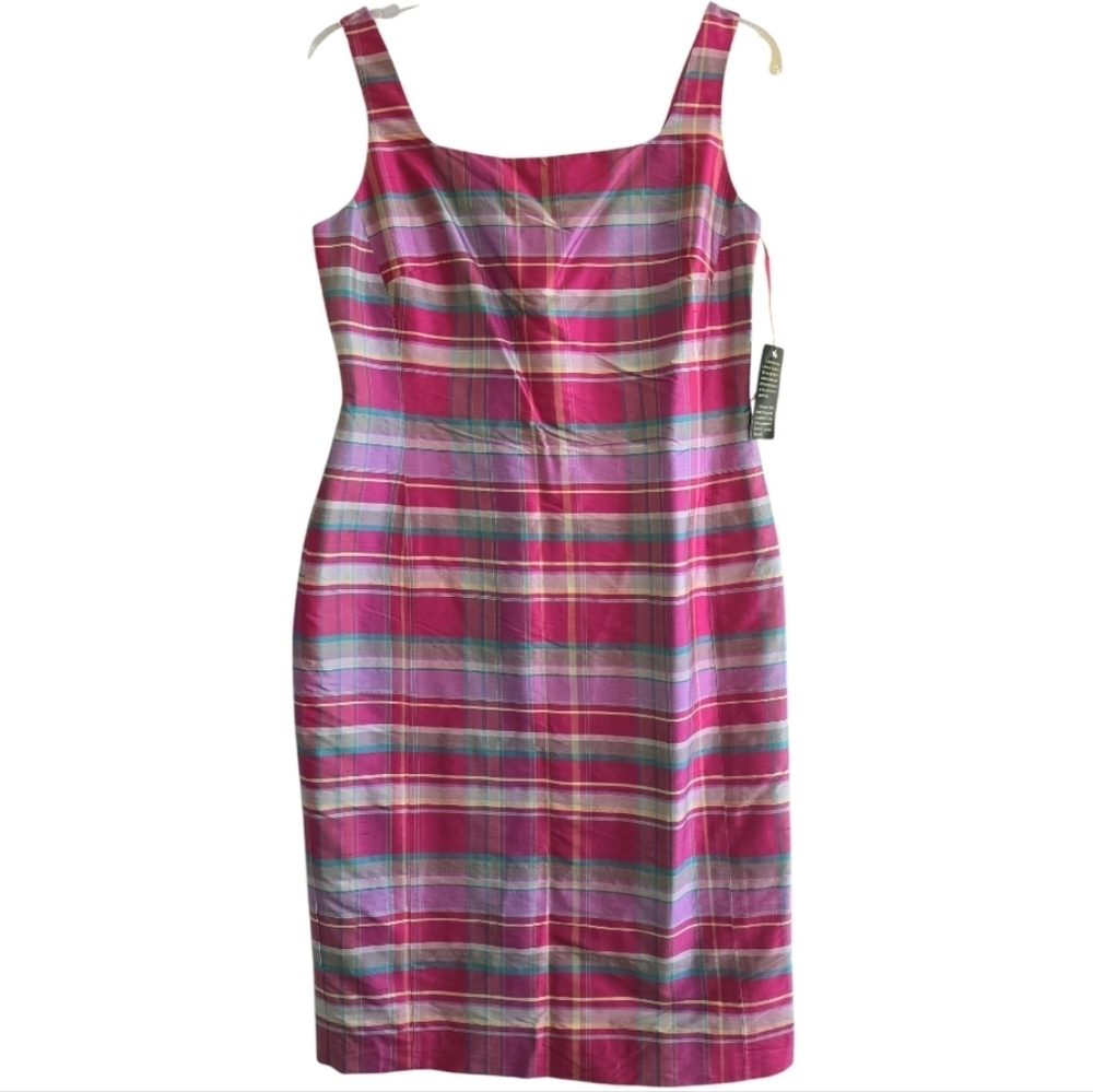 NWT Ralph Lauren Silk Dress Plaid Madras Sheath Pink Square Neck 90s Y2K Size 4 - Picture 2 of 7